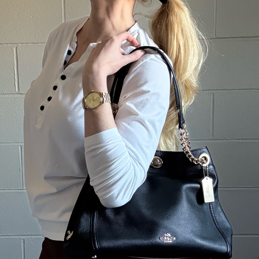 Coach Black Leather Shoulder Bag with Gold Chain